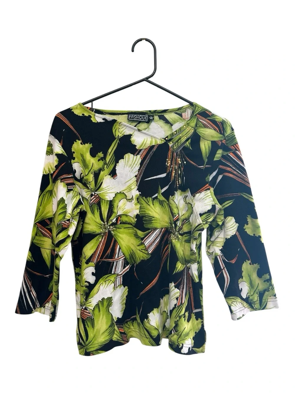 Vintage Y2K Fashique Black & Green Floral Sequined Scoop Neck Blouse Large